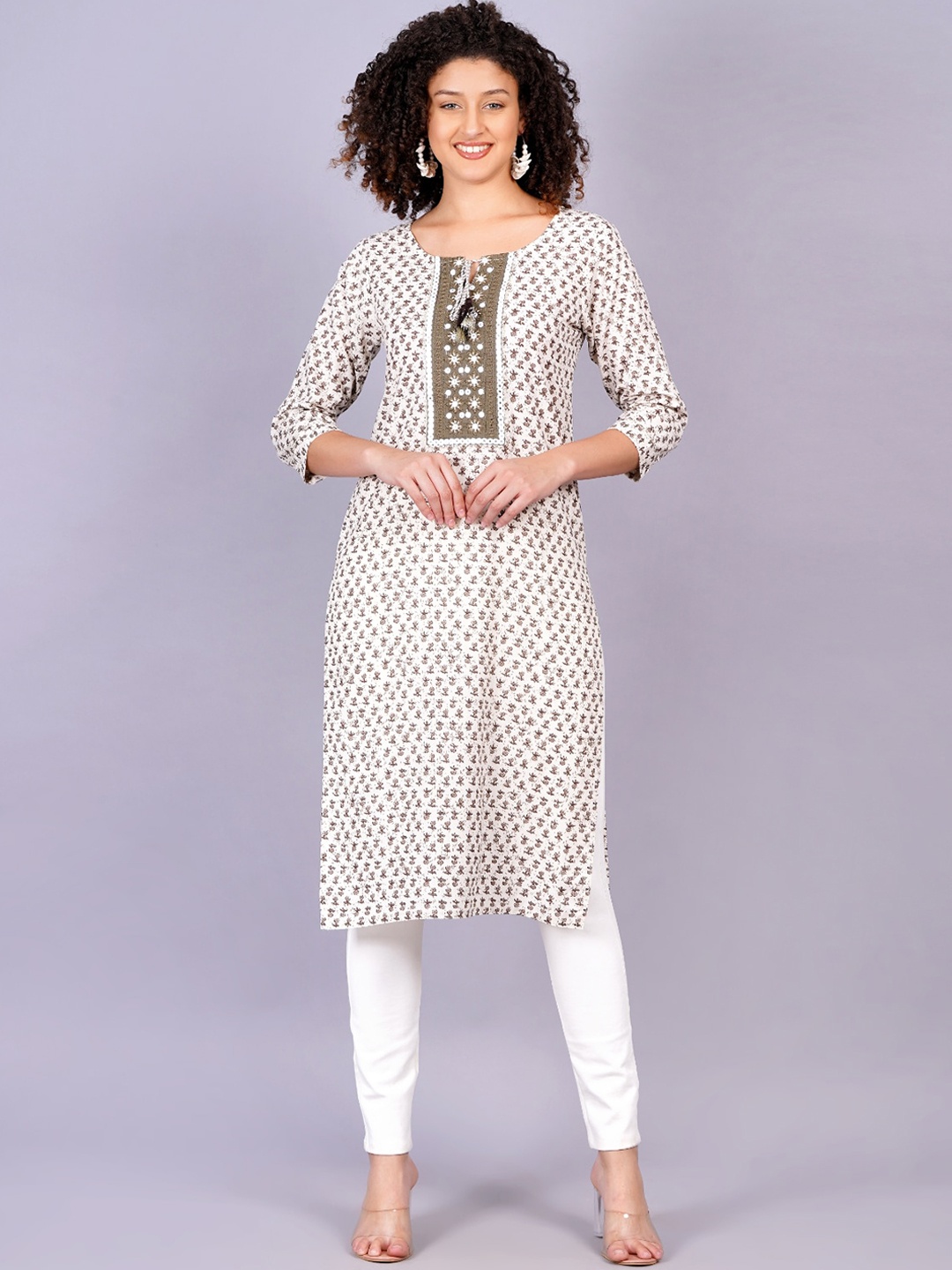 

KALINI Women Printed Yoke Design Thread Work Kurta, Beige