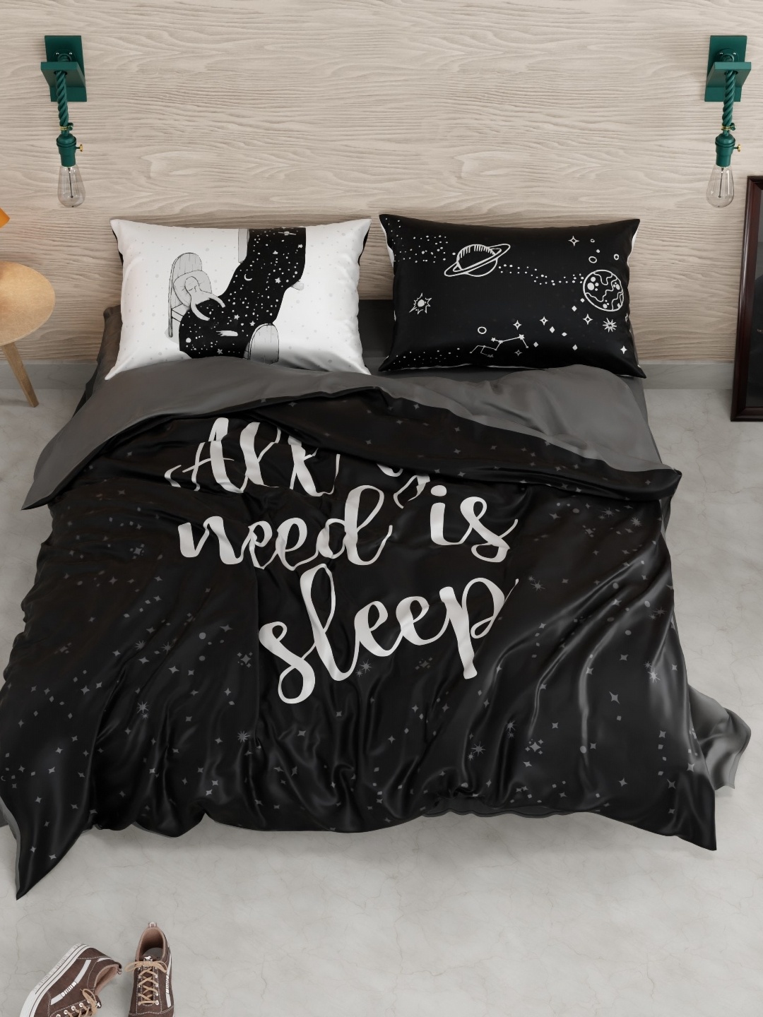 

QuirkLoom All You Need is Sleep Printed Sateen Double Bedding Set, Black