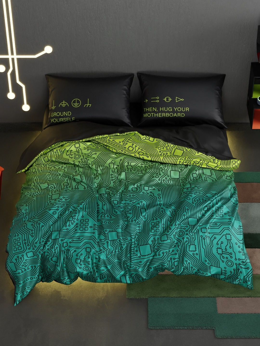 

QuirkLoom Motherboard Printed Sateen Double Bedding Set, Green