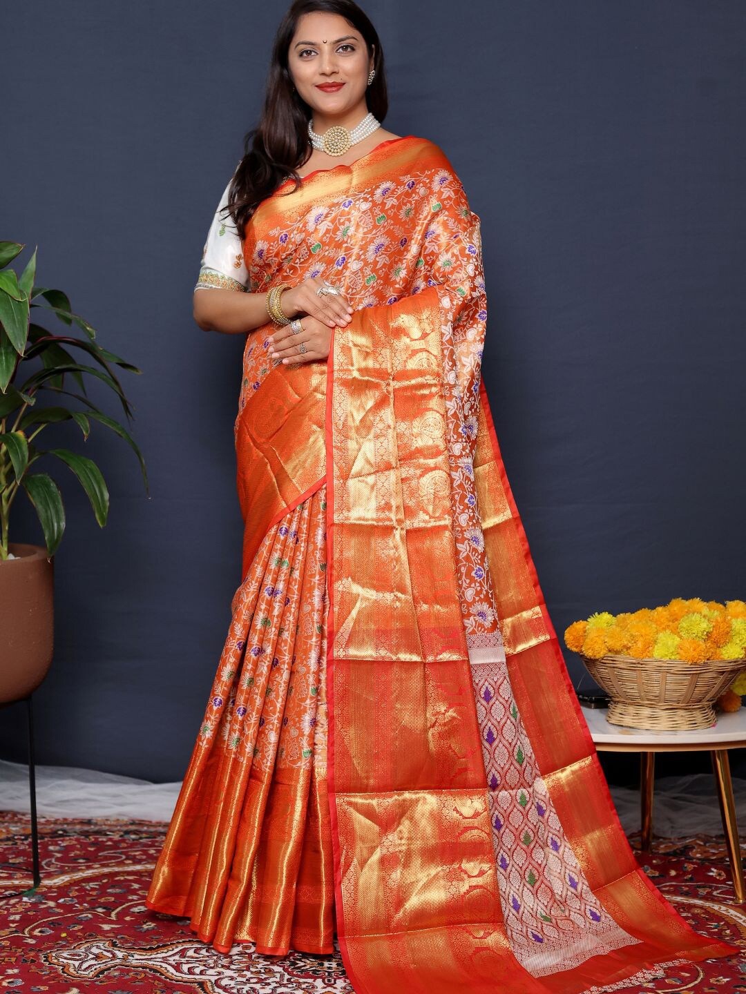 

SGF11 Woven Design Zari Art Silk Kanjeevaram Saree, Orange