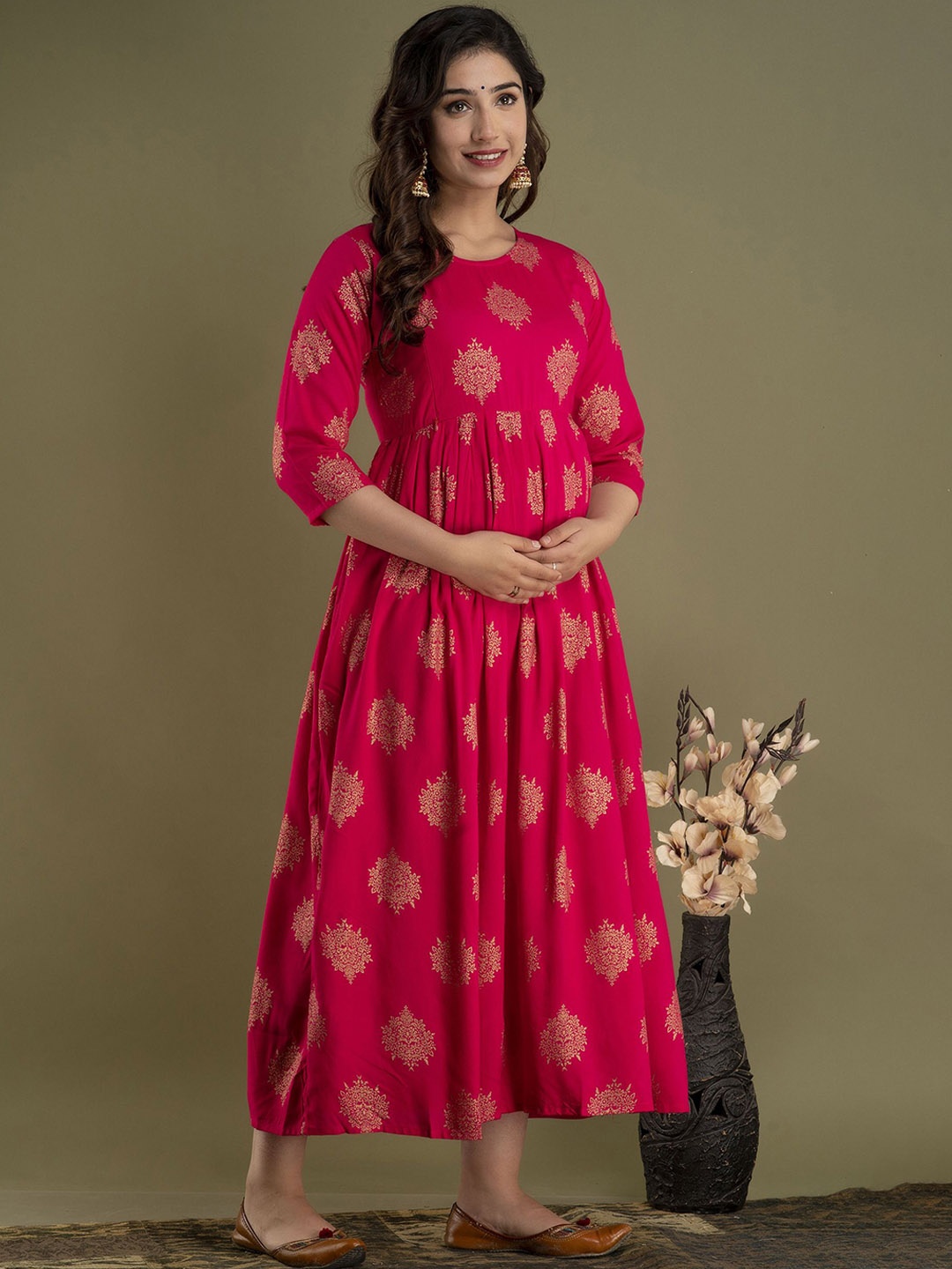 

Mialo fashion Ethnic Motifs Printed Maternity Fit & Flare Ethnic Midi Dress, Pink