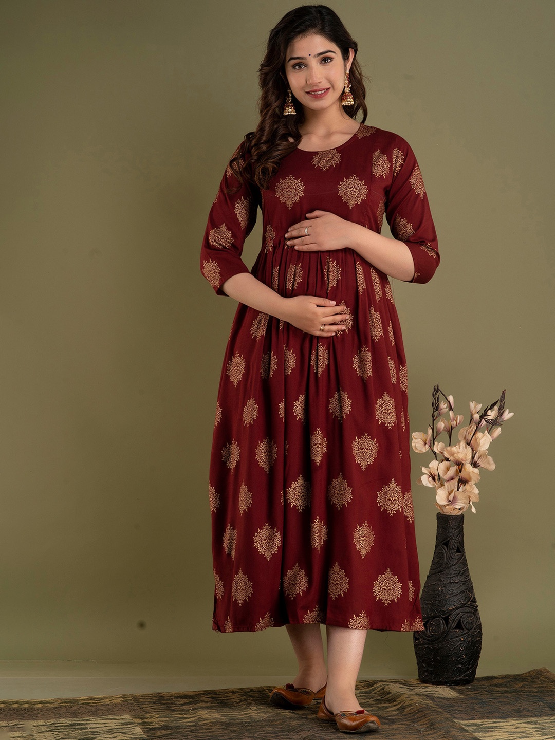 

Mialo fashion Ethnic Motifs Printed Maternity Fit & Flare Ethnic Midi Dress, Maroon
