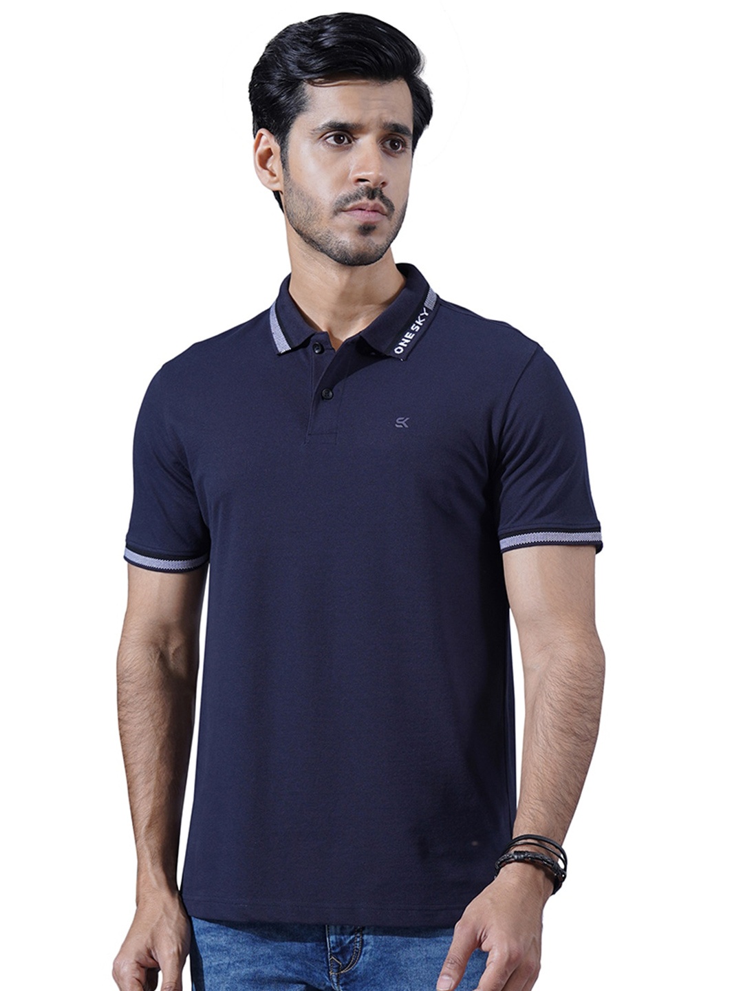 

ONE SKY Men Solid Embroidered Polo Collar T-shirt, Navy blue