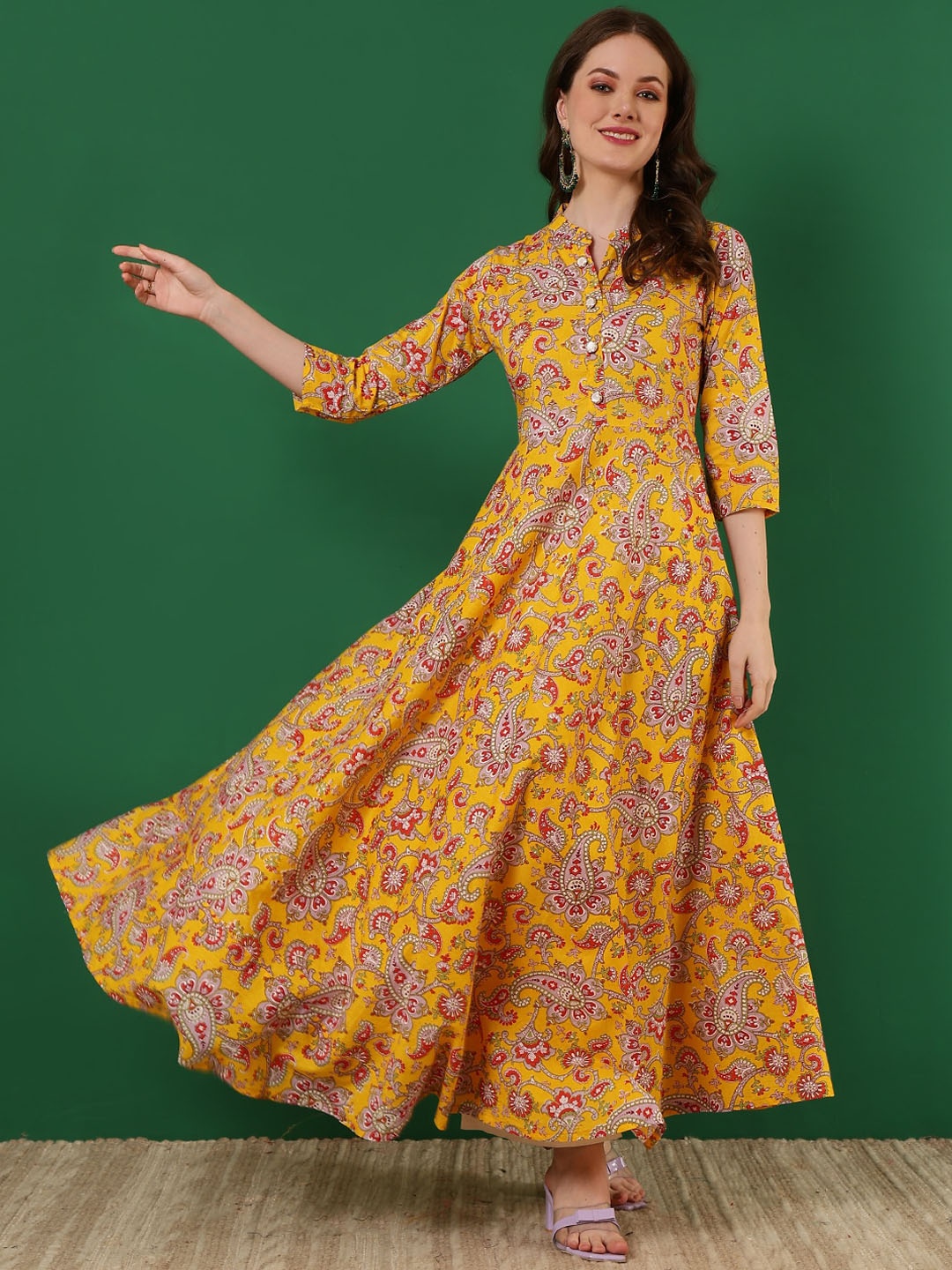 

WOMENCLICK Women Floral Printed Mirror Work Floral Anarkali Kurta, Yellow