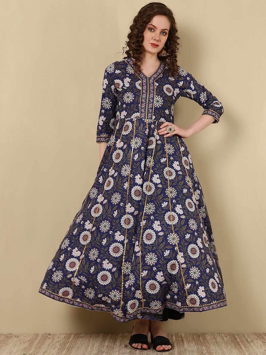 

WOMENCLICK Women Paisley Printed Mirror Work Floral Anarkali Kurta, Blue