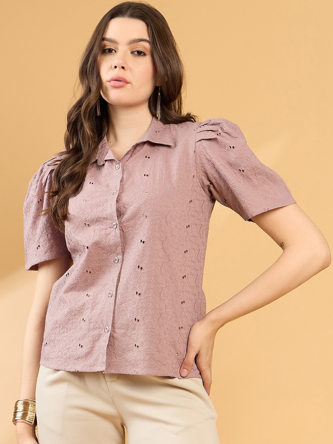 

all about you Classic Textured Printed Puff Sleeves Cotton Shirt, Mauve