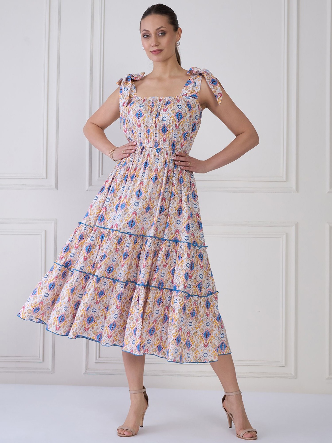 

MEDLEY BY ANTHEAA Floral Print Puff Sleeve A-Line Midi Dress, Off white