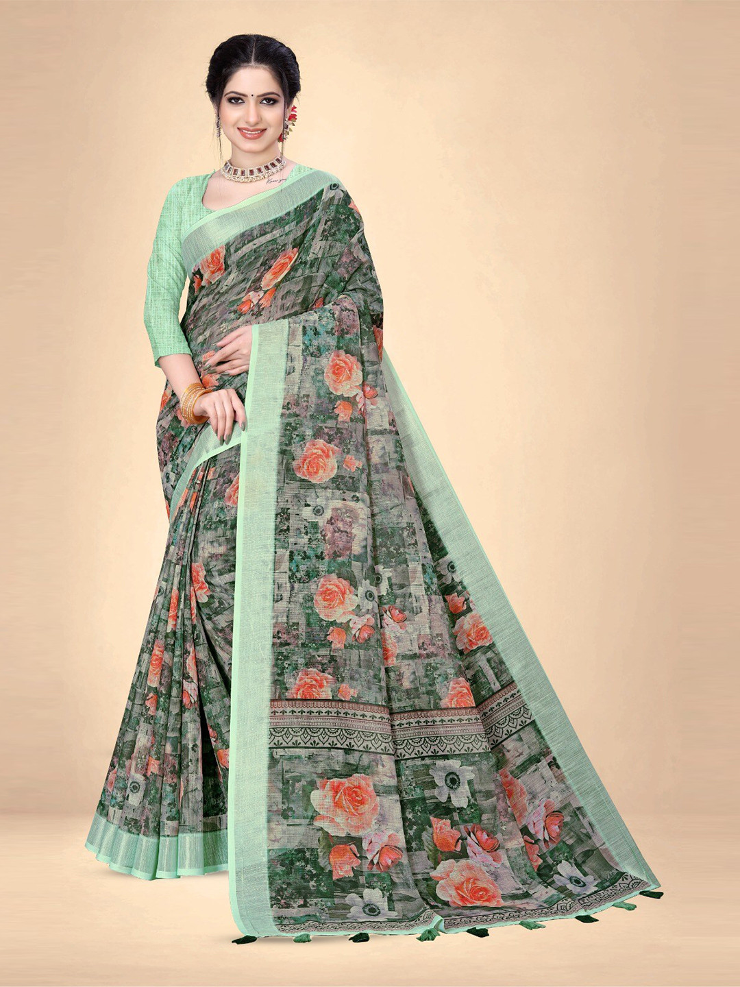 

Abhilasha Floral Zari Pure Linen Banarasi Saree With Blouse Piece, Green