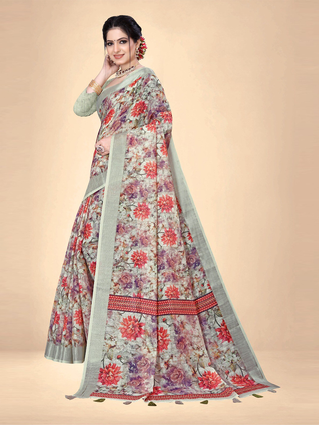 

Abhilasha Floral Pure Linen Jamdani Saree With Blouse Piece, Red