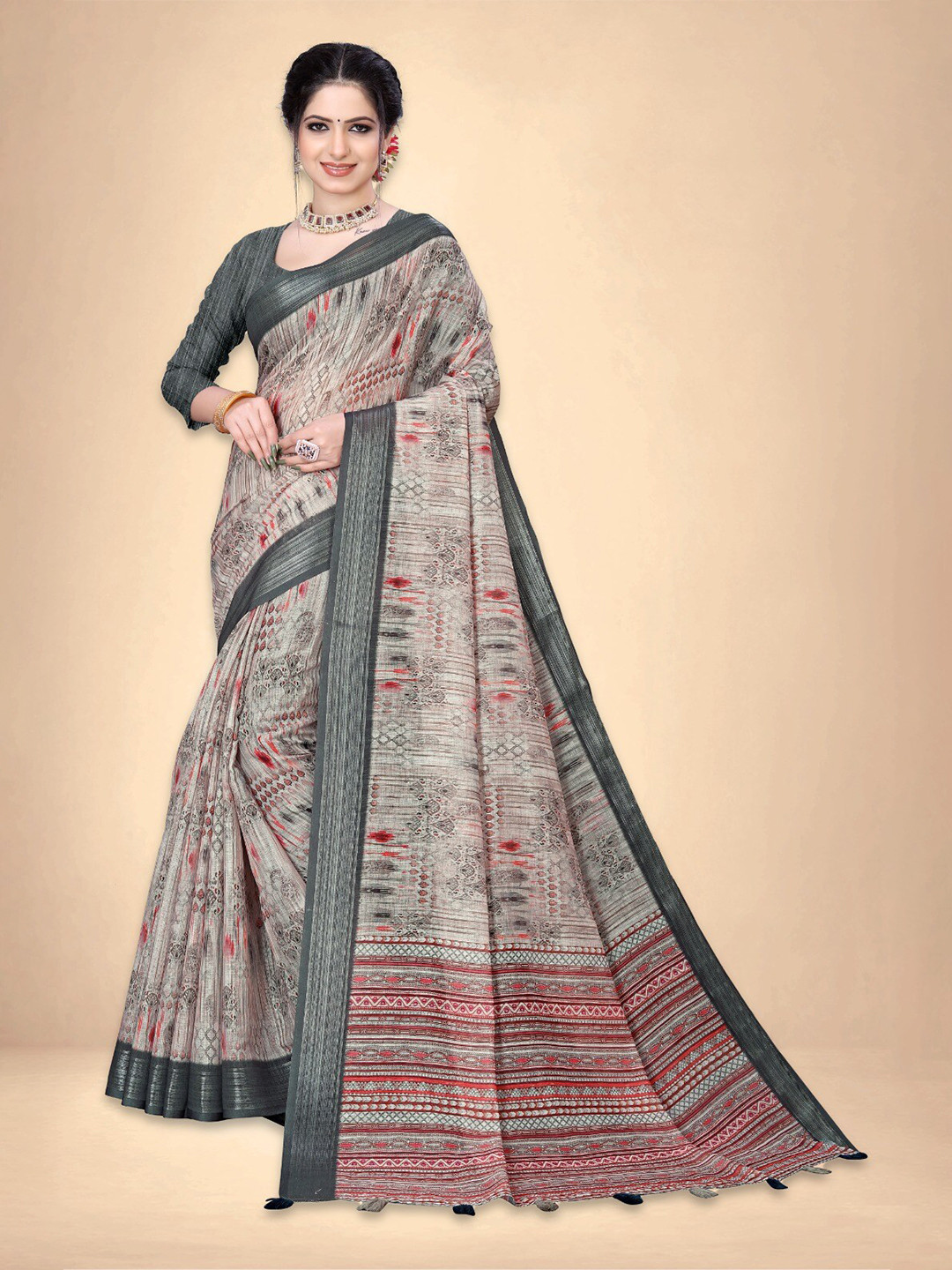 

Abhilasha Pure Linen Jamdani Saree, Grey