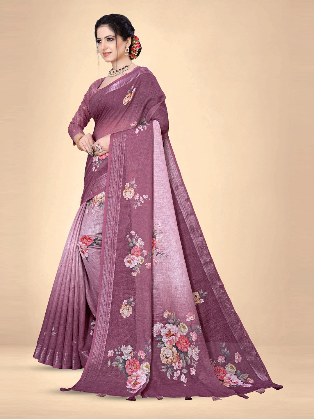 

Abhilasha Floral Zari Pure Linen Jamdani Saree, Purple