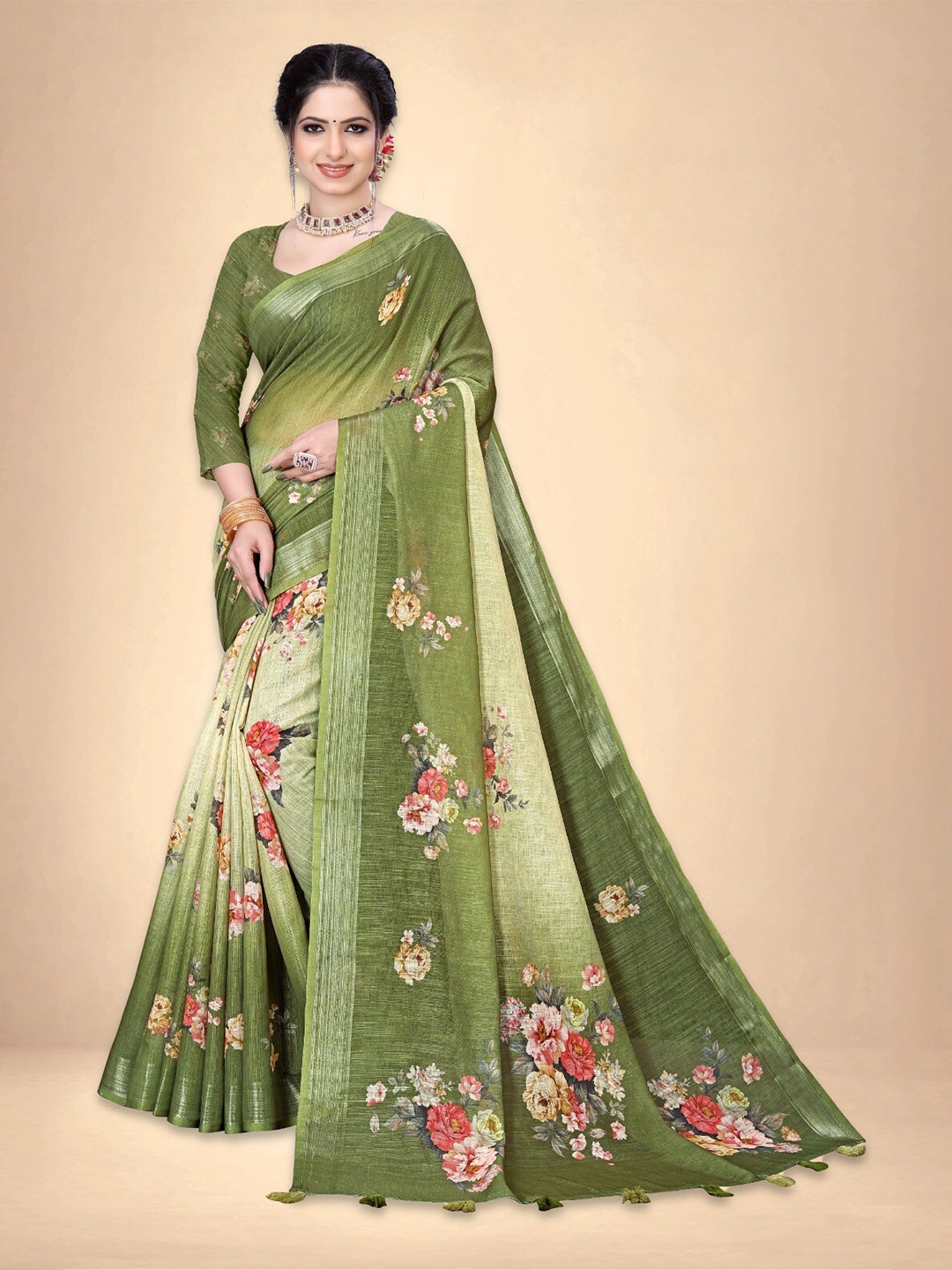 

Abhilasha Floral Printed Pure Linen Jamdani Saree, Green