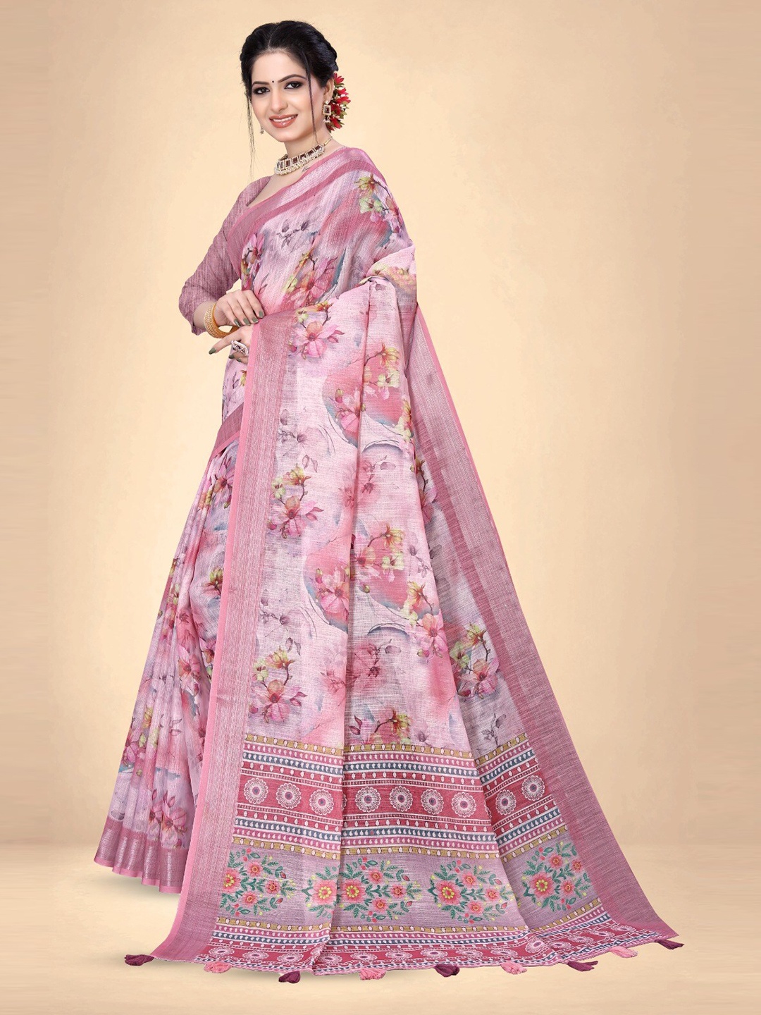 

Abhilasha Floral Printed Pure Linen Banarasi Saree, Pink