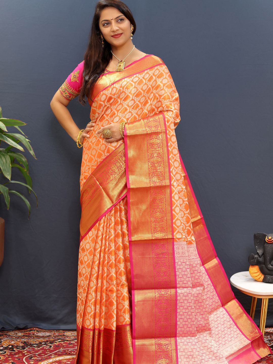 

SGF11 Woven Design Zari Heavy Work Kanjeevaram Saree, Orange