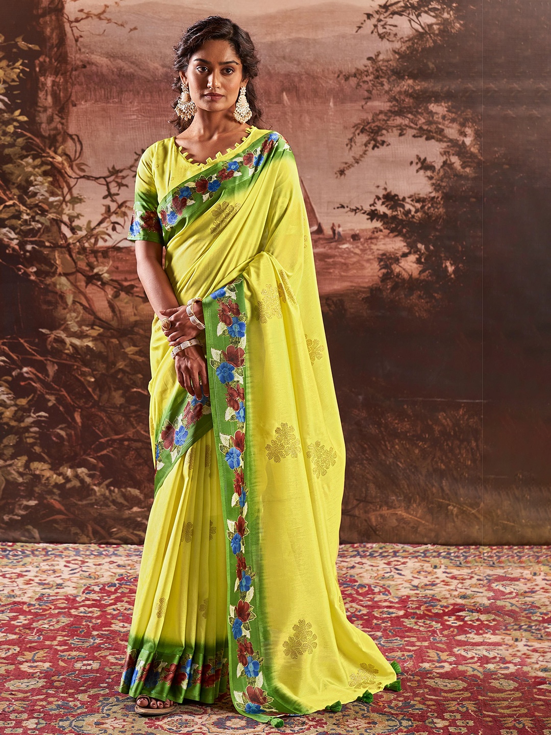 

Mitera Floral Embellished Beads and Stones Saree, Lime green