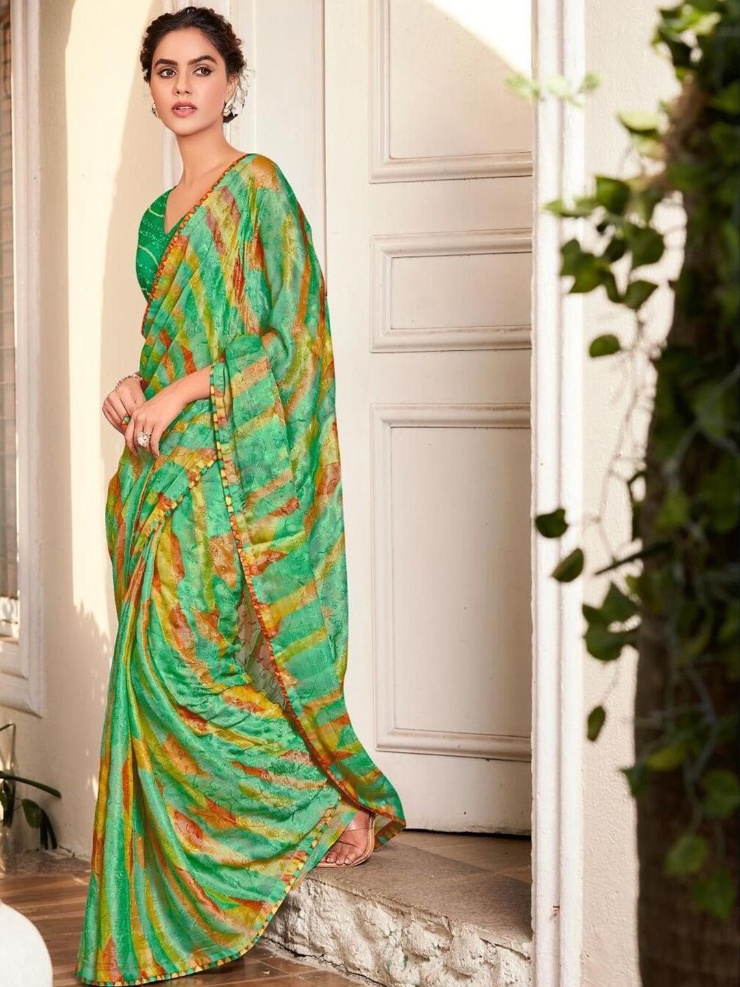 

Mitera Floral Embroidered Brasso Saree, Green