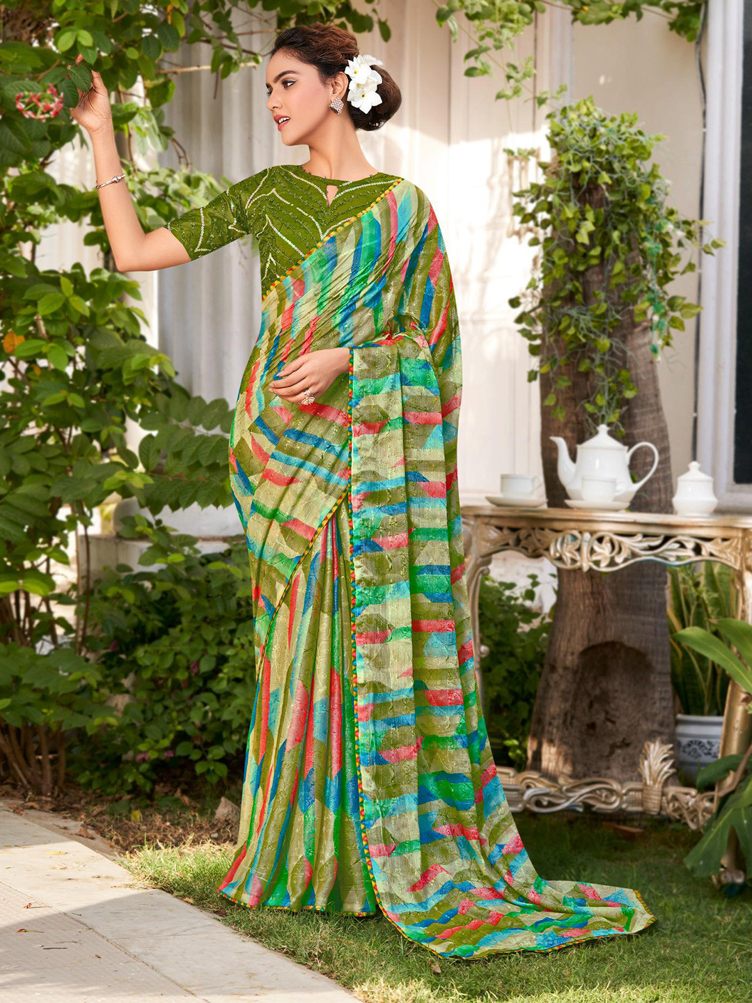 

Mitera Floral Embroidered Brasso Saree, Green