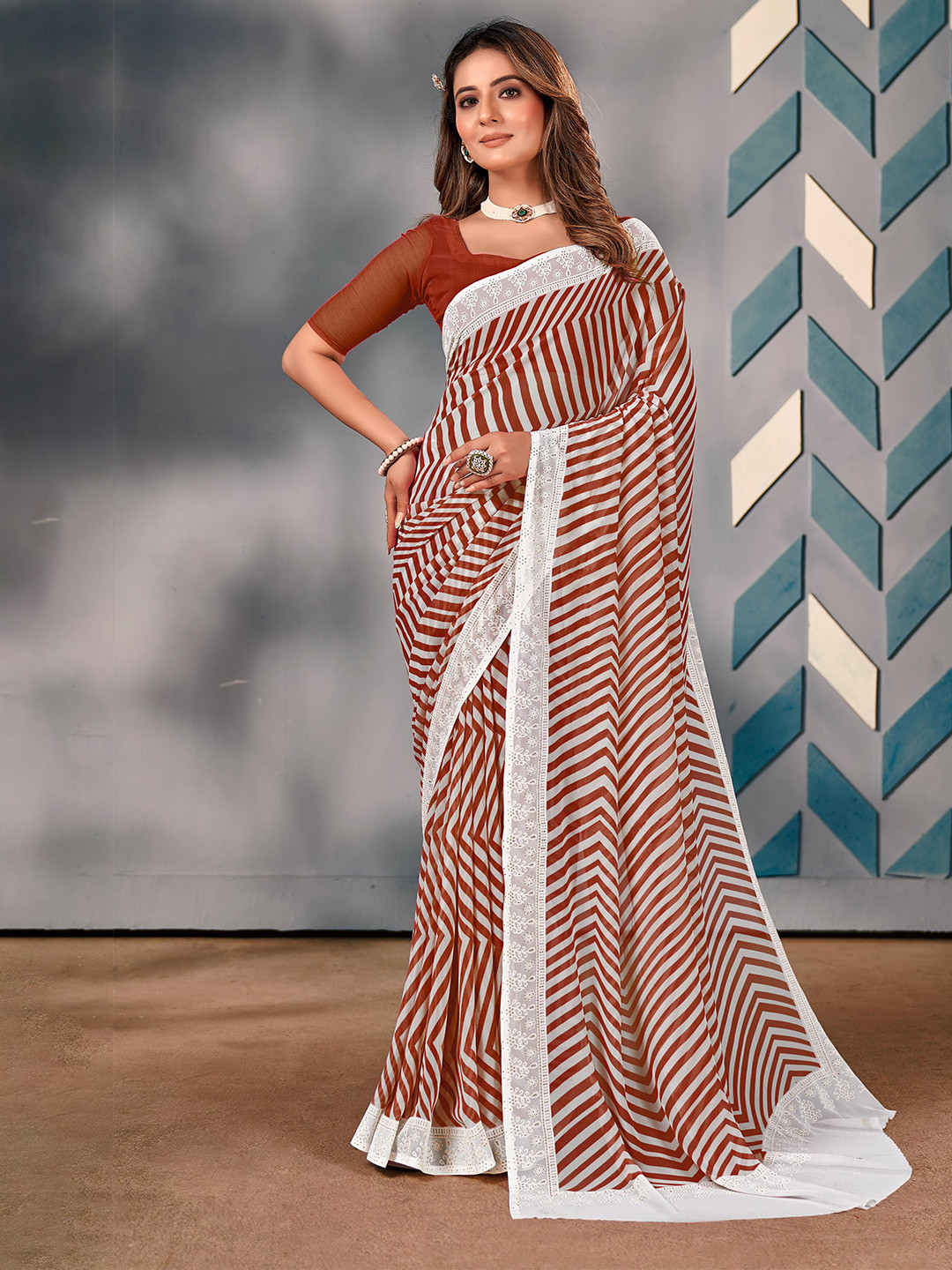 

Mitera Beads and Stones Pure Georgette Saree, Brown