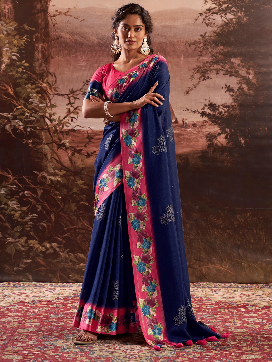 

Mitera Embellished Beads and Stones Silk Blend Saree, Navy blue