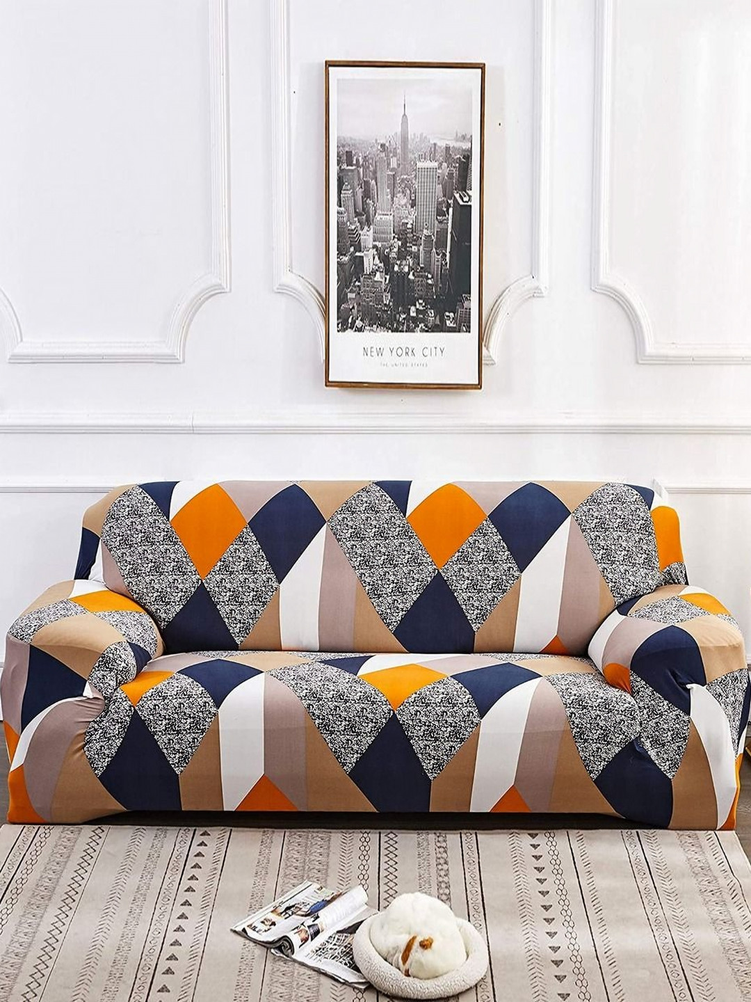 

B BESTILO Blue & Brown Printed Polyester 1 Piece Sofa Cover With Arms