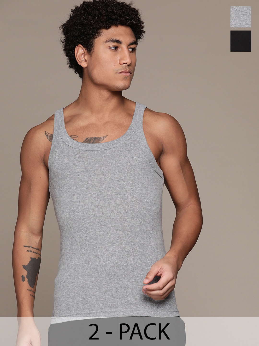 

The Roadster Lifestyle Co. Pack of 2 Pure Cotton Innerwear Vests RD-GV-5000-BK-MG-2, Black