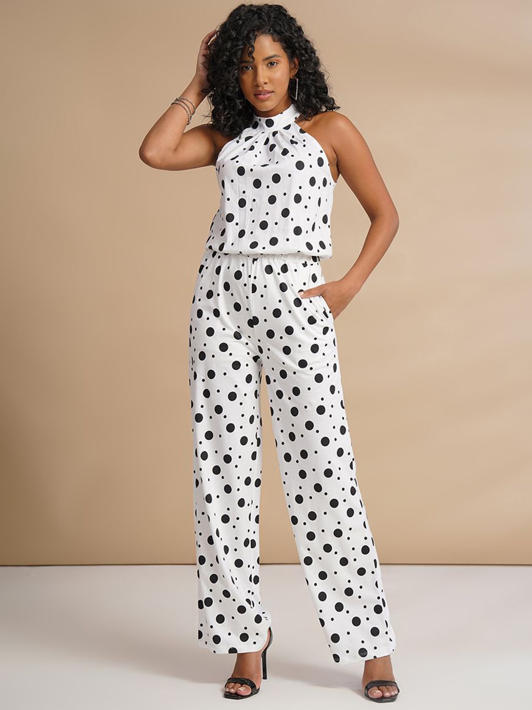 

ONE SKY Halter Neck Printed Pure Cotton Basic Jumpsuit, White
