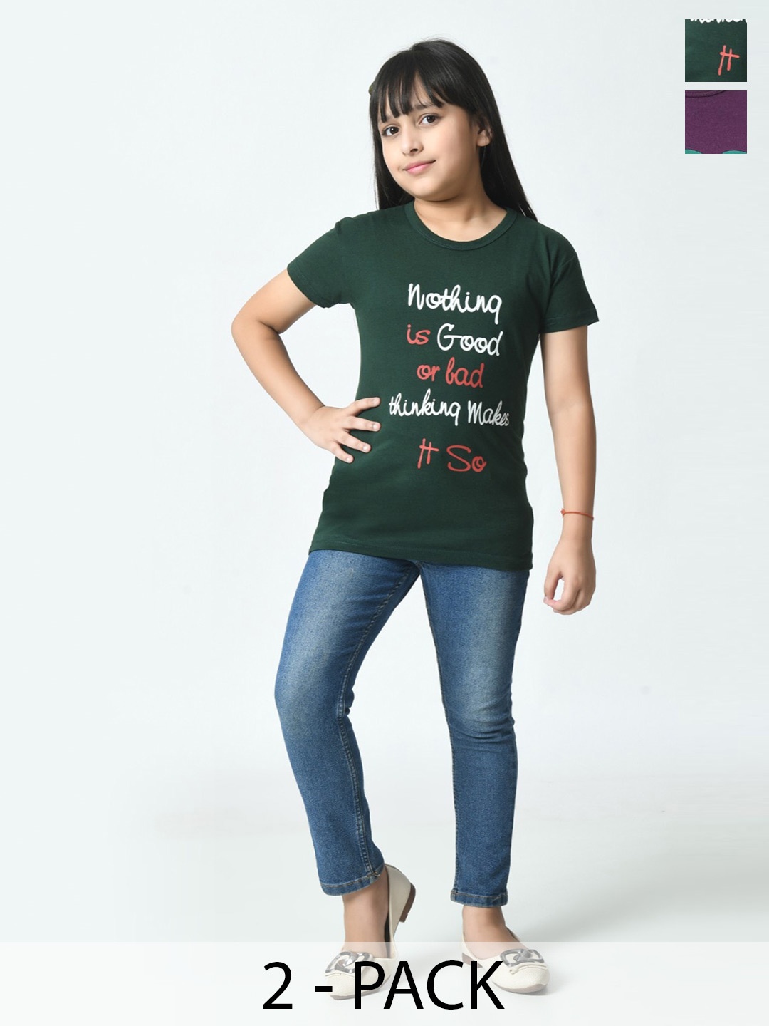 BAESD Girls Pack Of 2 Typography Printed Cotton Slim Fit T-shirts, Green
