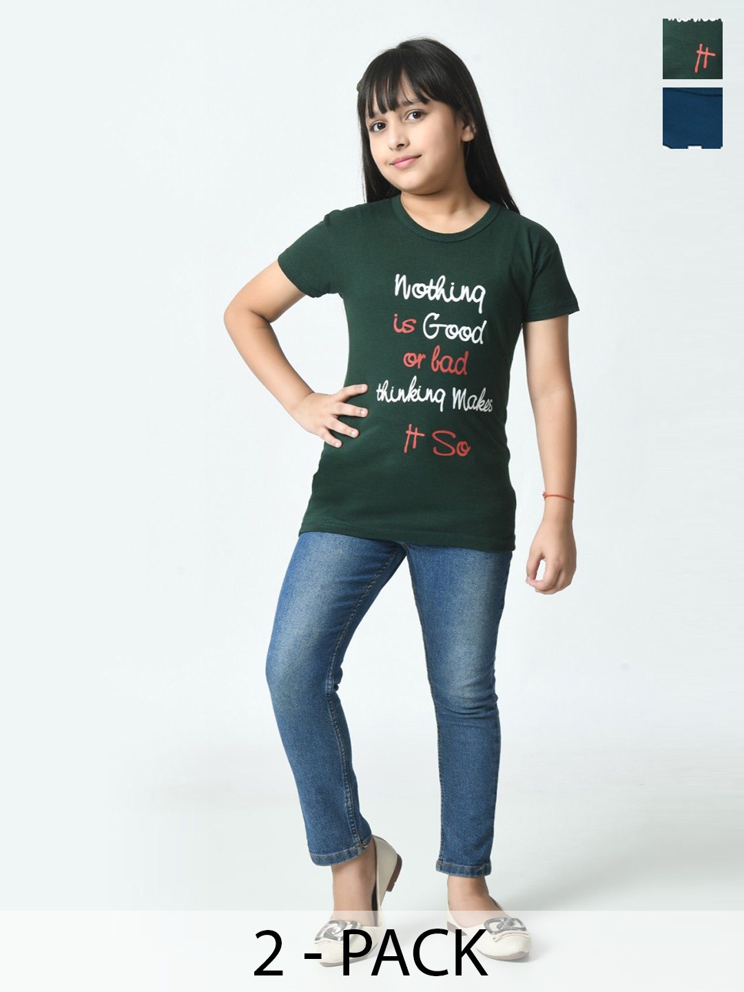 

BAESD Girls Pack Of 2 Typography Printed Cotton Slim Fit T-shirts, Green