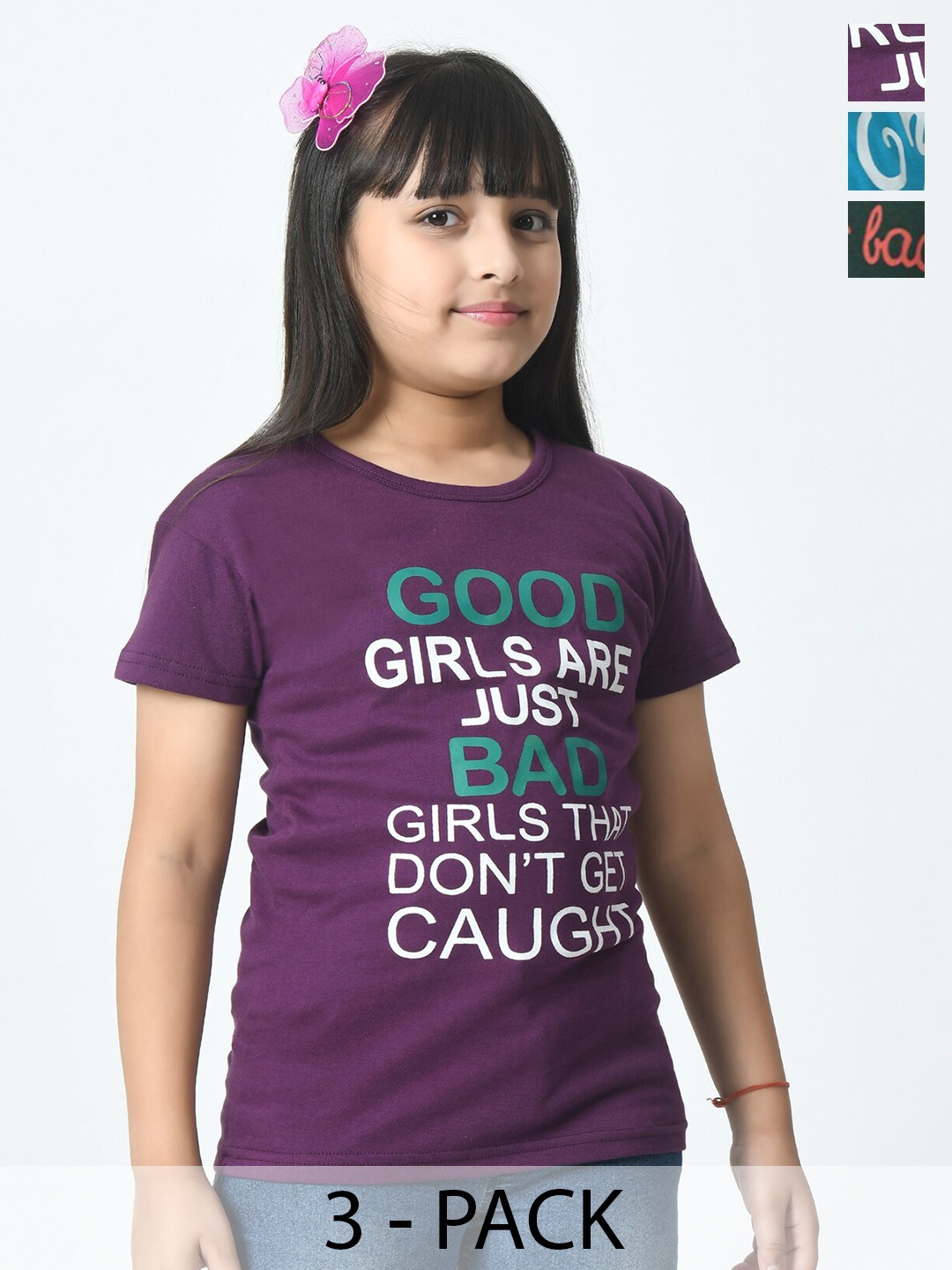 BAESD Girls Typography 3 Printed Slim Fit T-shirt, Multi