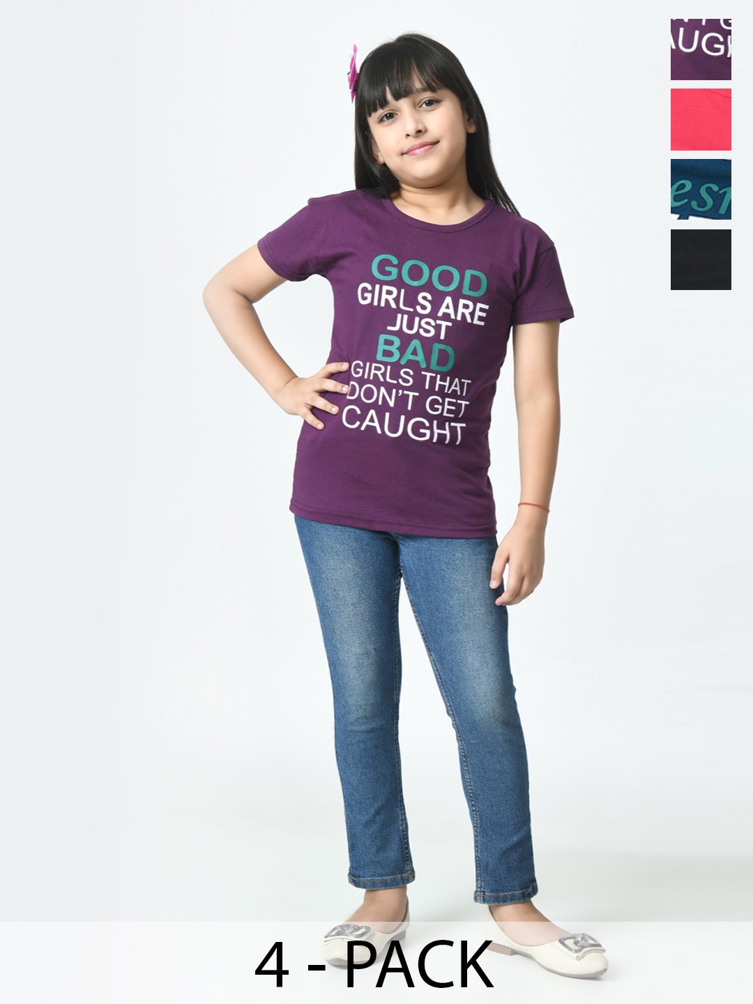 

BAESD Girls Pack Of 5 Typography Printed Half Sleeves Slim Fit Pure Cotton T-shirt, Purple