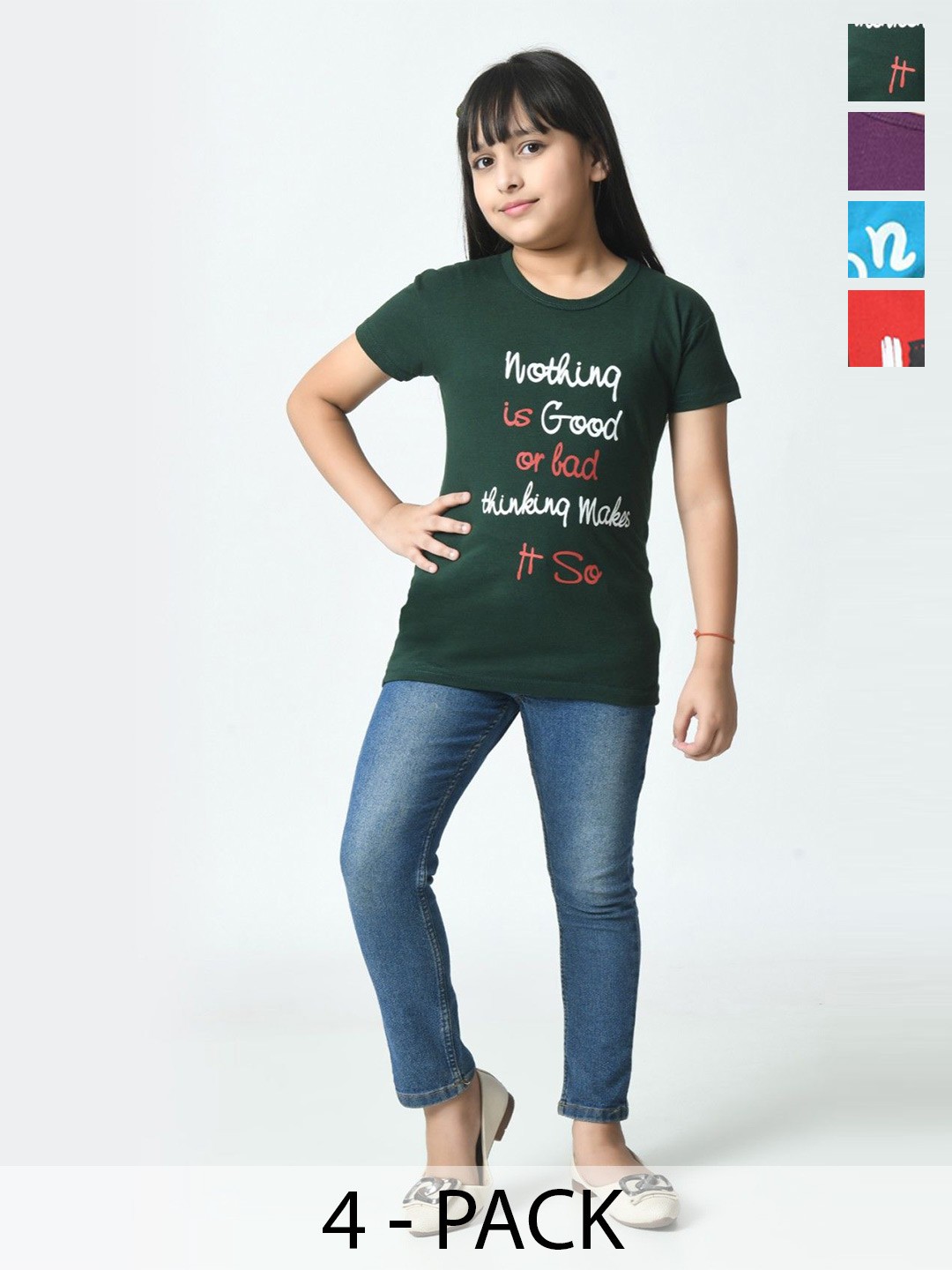 BAESD Girls Typography 4 Printed Slim cotton Fit T-shirt, Multi
