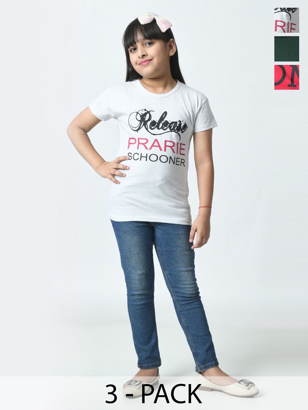 

BAESD Girls Pack Of 3 Typography Printed Slim Fit T-shirt, White