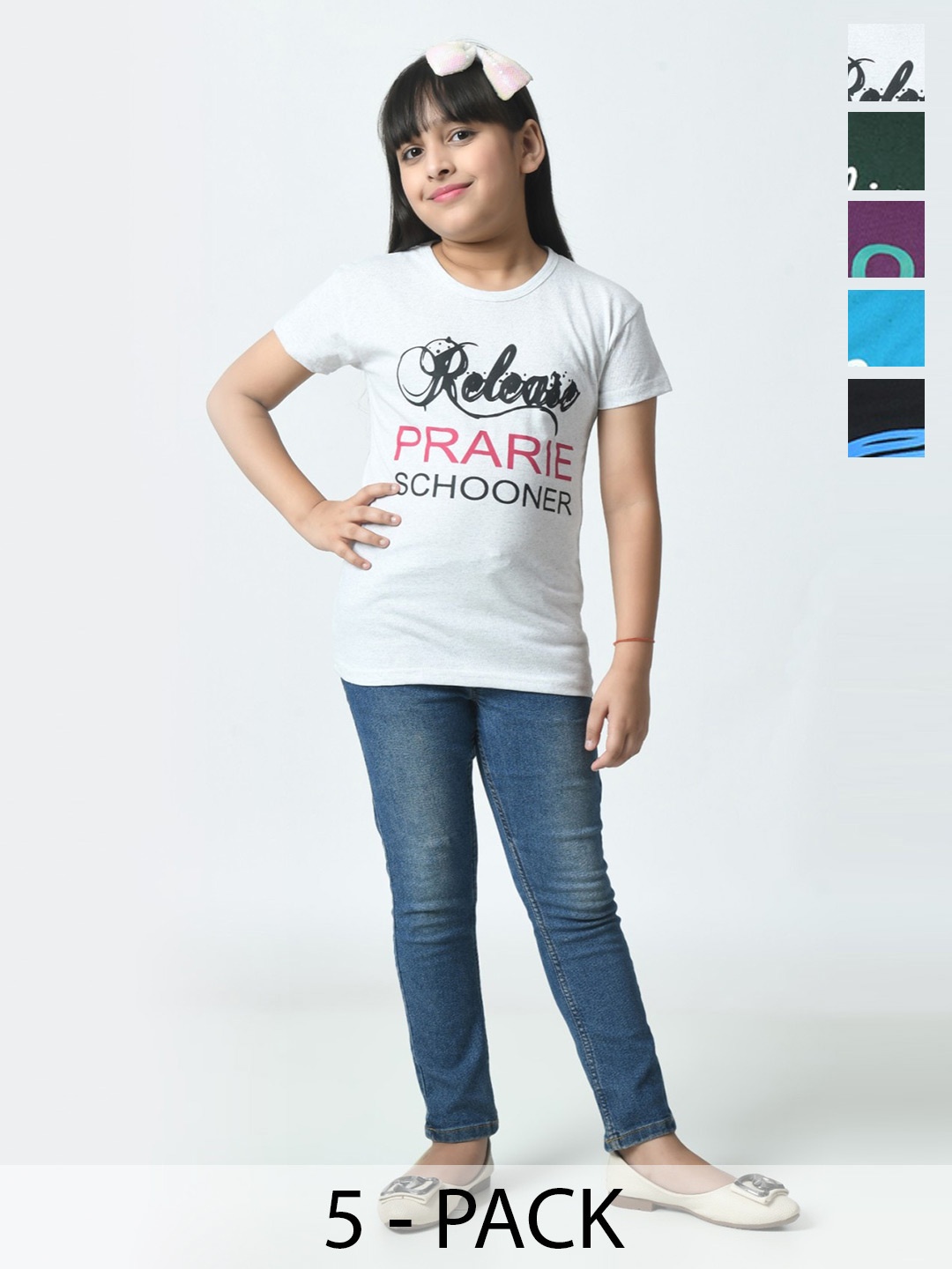 

BAESD Girls Pack Of 5 Typography Printed Cotton Slim Fit T-shirts, White