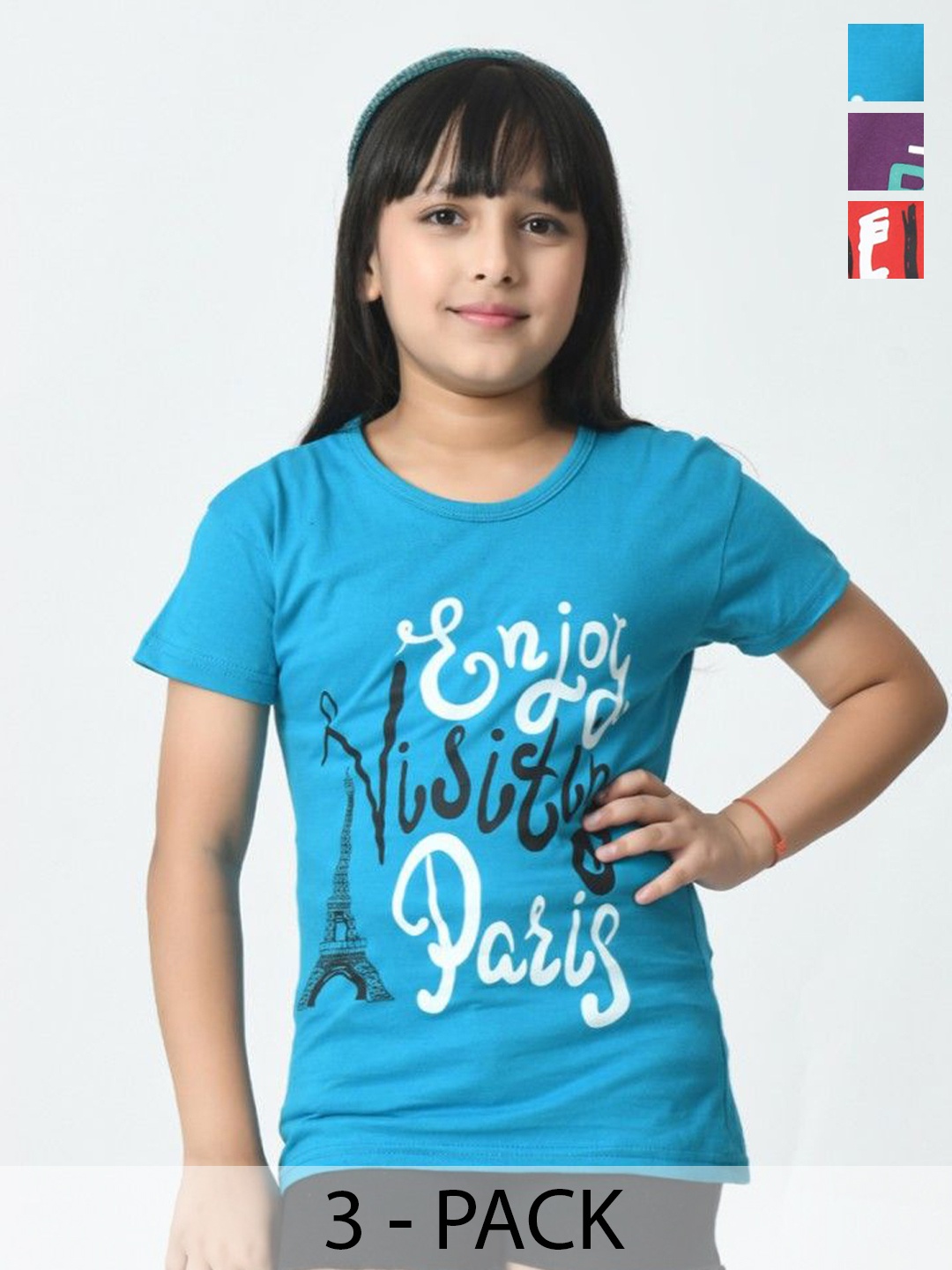 BAESD Girls Typography 3 Printed Slim Fit cotton T-shirt, Multi
