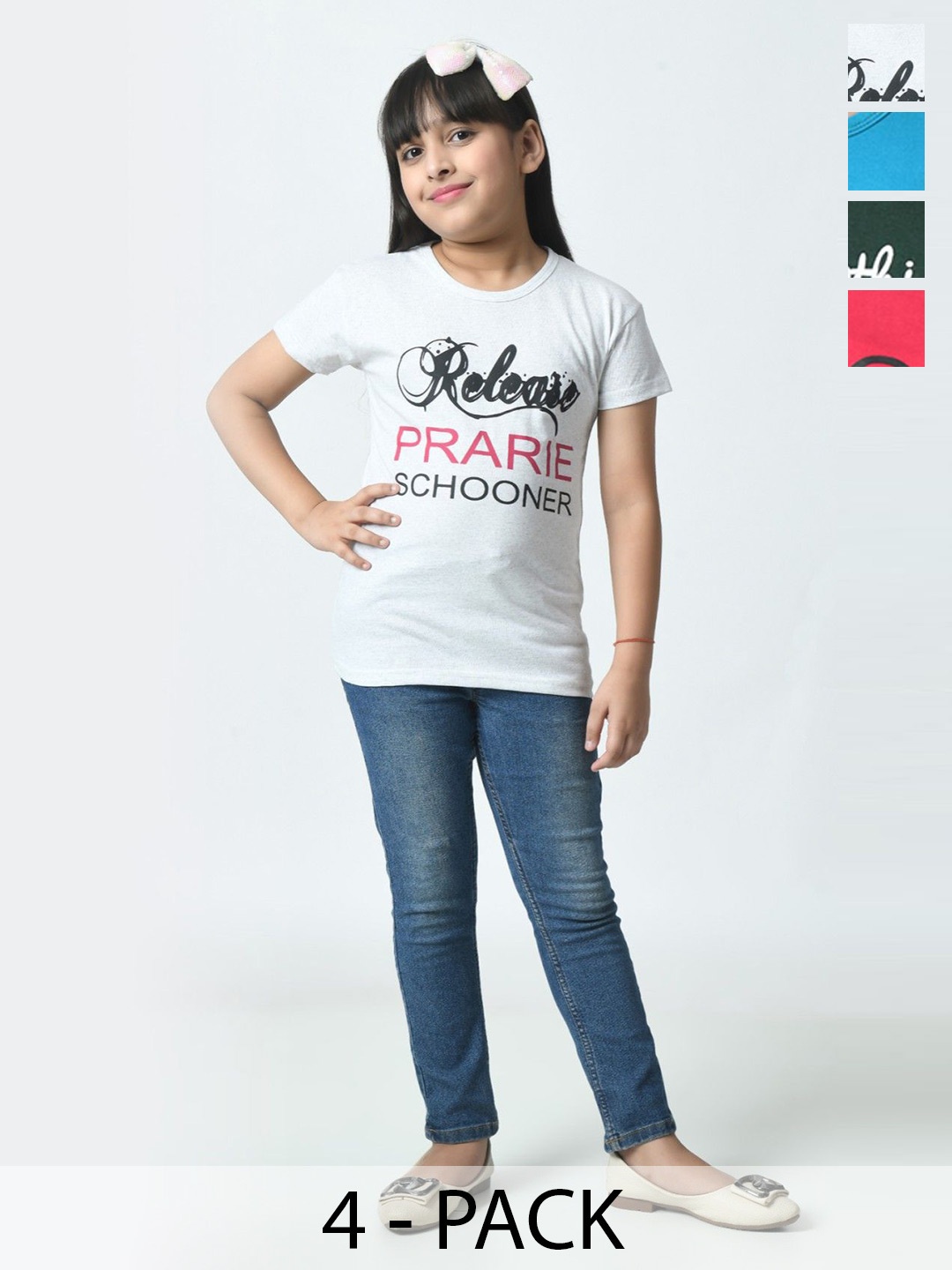 BAESD Girls Pack Of 4 Typography Printed Cotton Slim Fit T-shirts, White