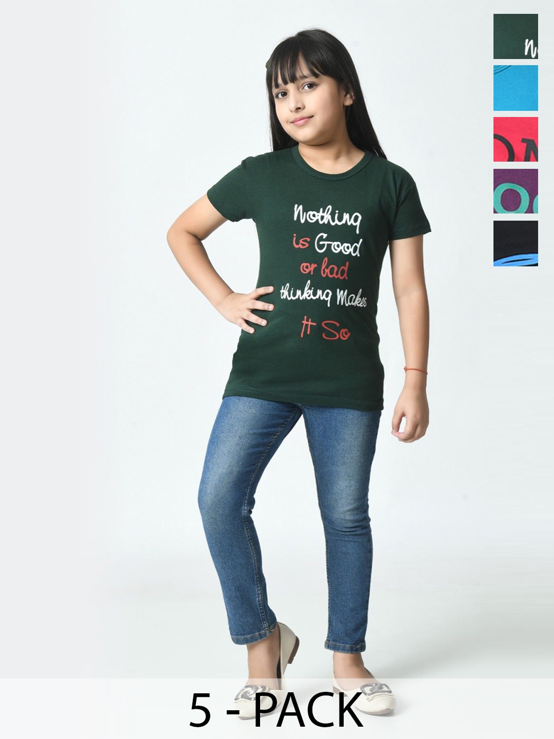 

BAESD Girls Pack Of 5 Typography Printed Cotton Slim Fit T-shirts, Green