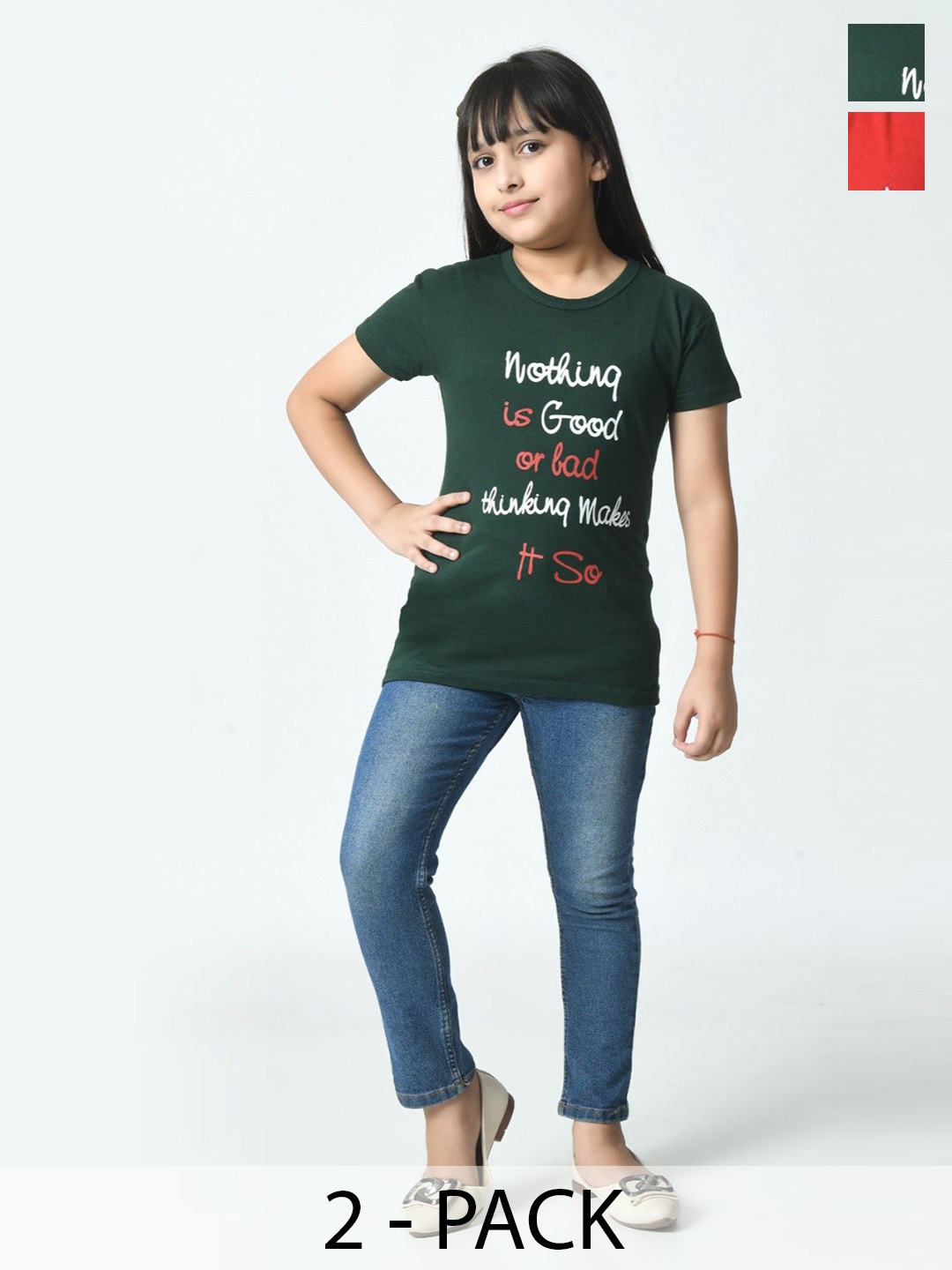 

BAESD Girls Pack Of 2 Typography Printed Cotton Slim Fit T-shirts, Red