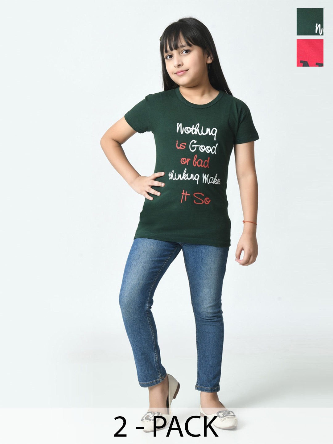 

BAESD Girls Pack Of 2 Typography Printed Cotton Slim Fit T-shirts, Green