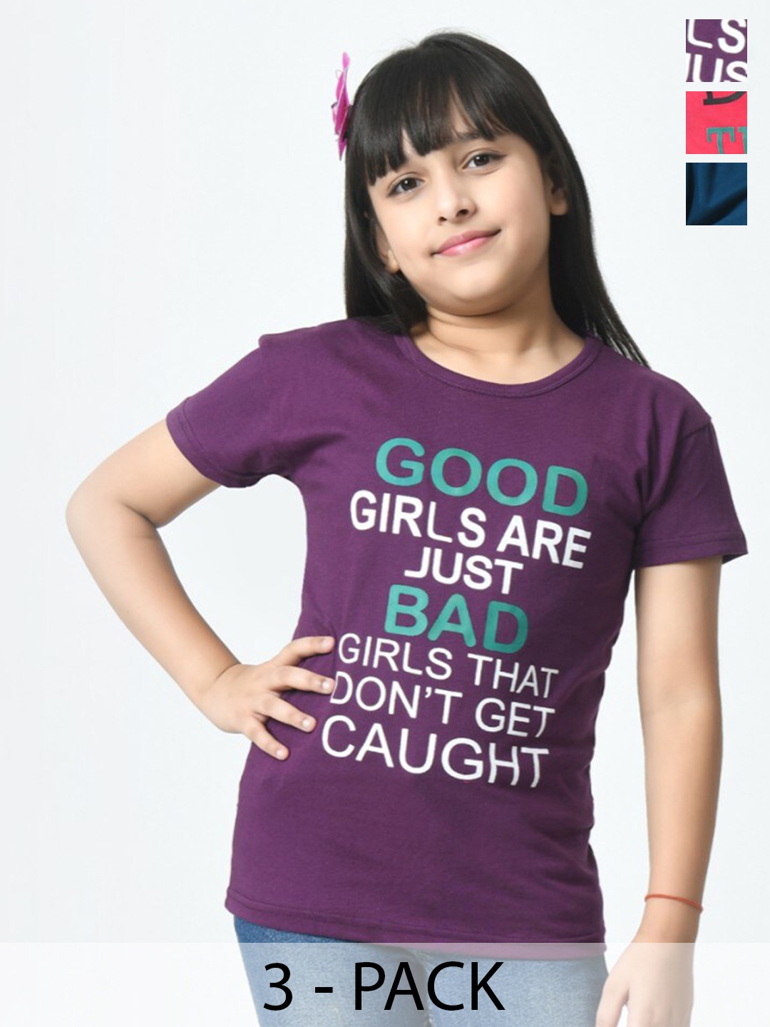 

BAESD Girls Typography 3 Printed Slim Fit cotton T-shirt, Multi