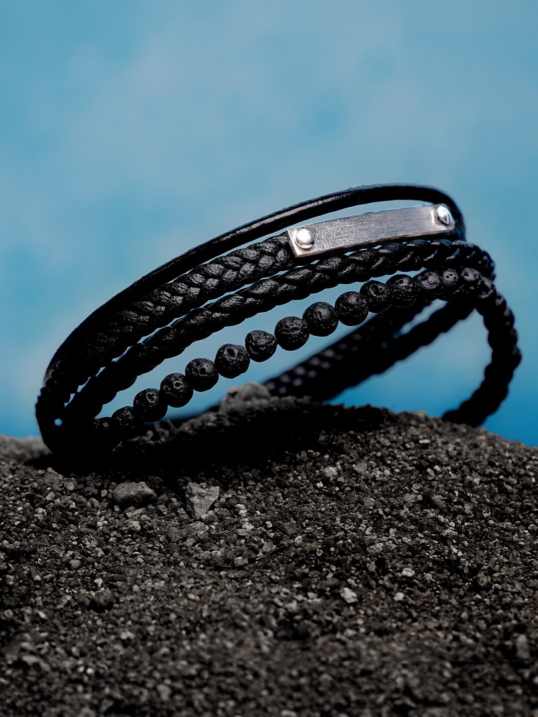 

SWASHAA Men Leather Silver-Plated Wraparound Bracelet
