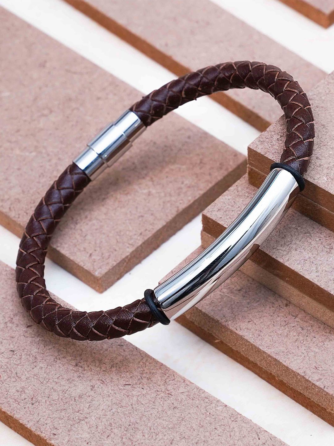 

SWASHAA Men Leather Silver-Plated Wraparound Bracelet