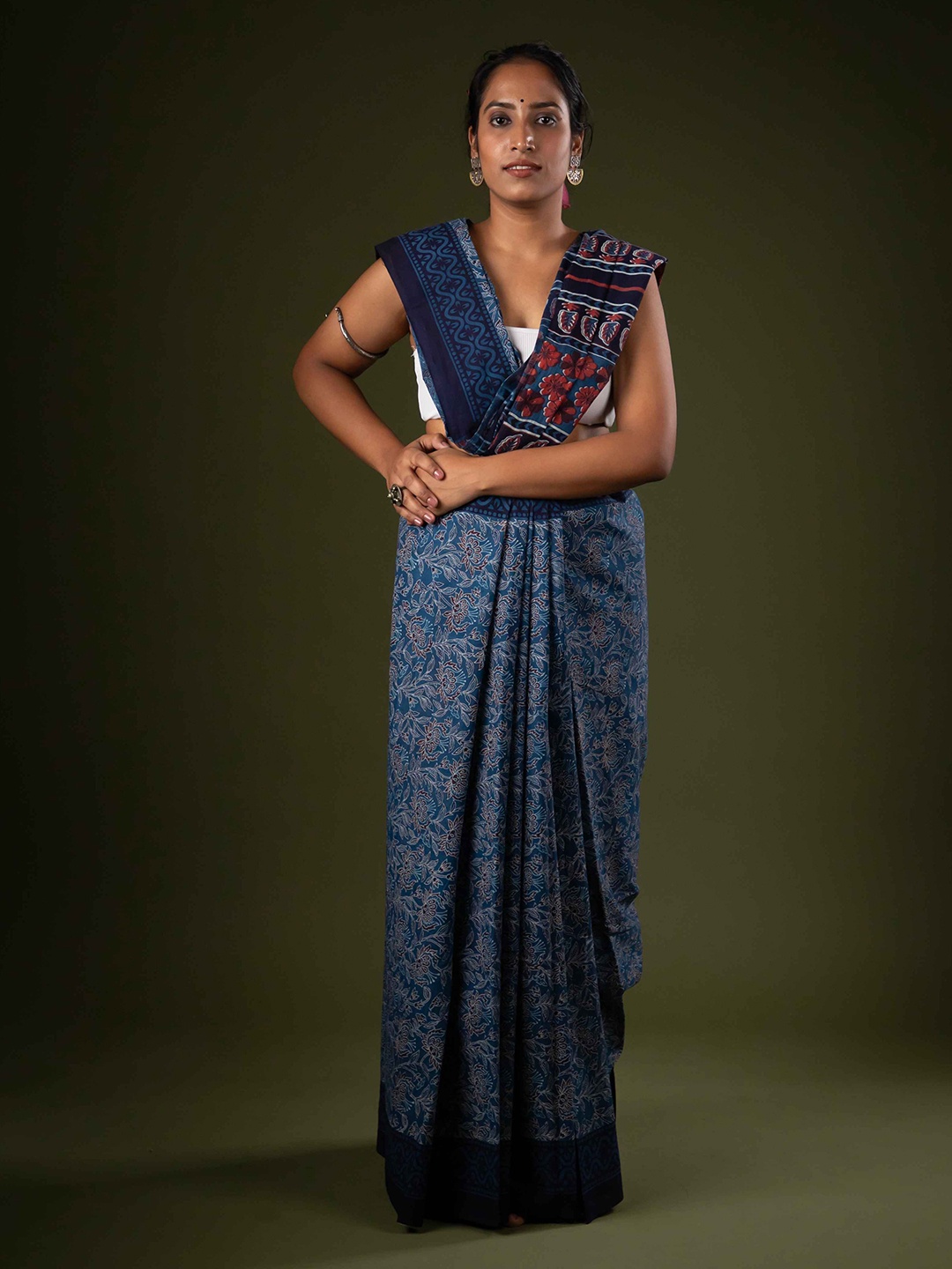 

De Loom Ethnic Motifs Pure Cotton Block Print Saree, Blue