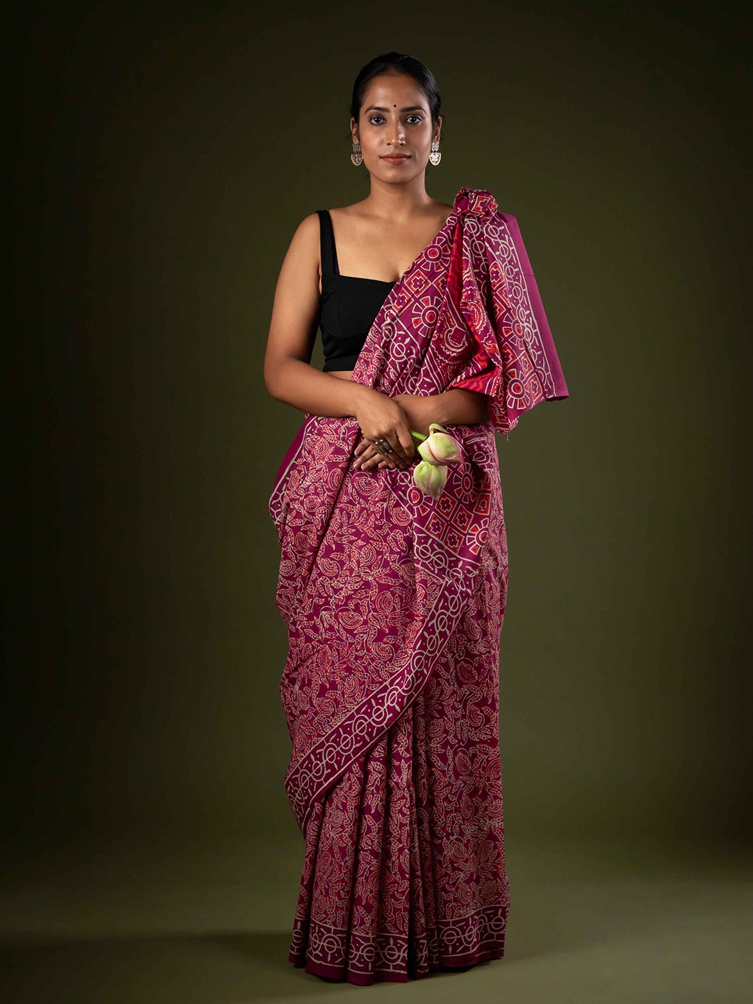 

De Loom Ethnic Motifs Pure Cotton Block Print Saree, Pink