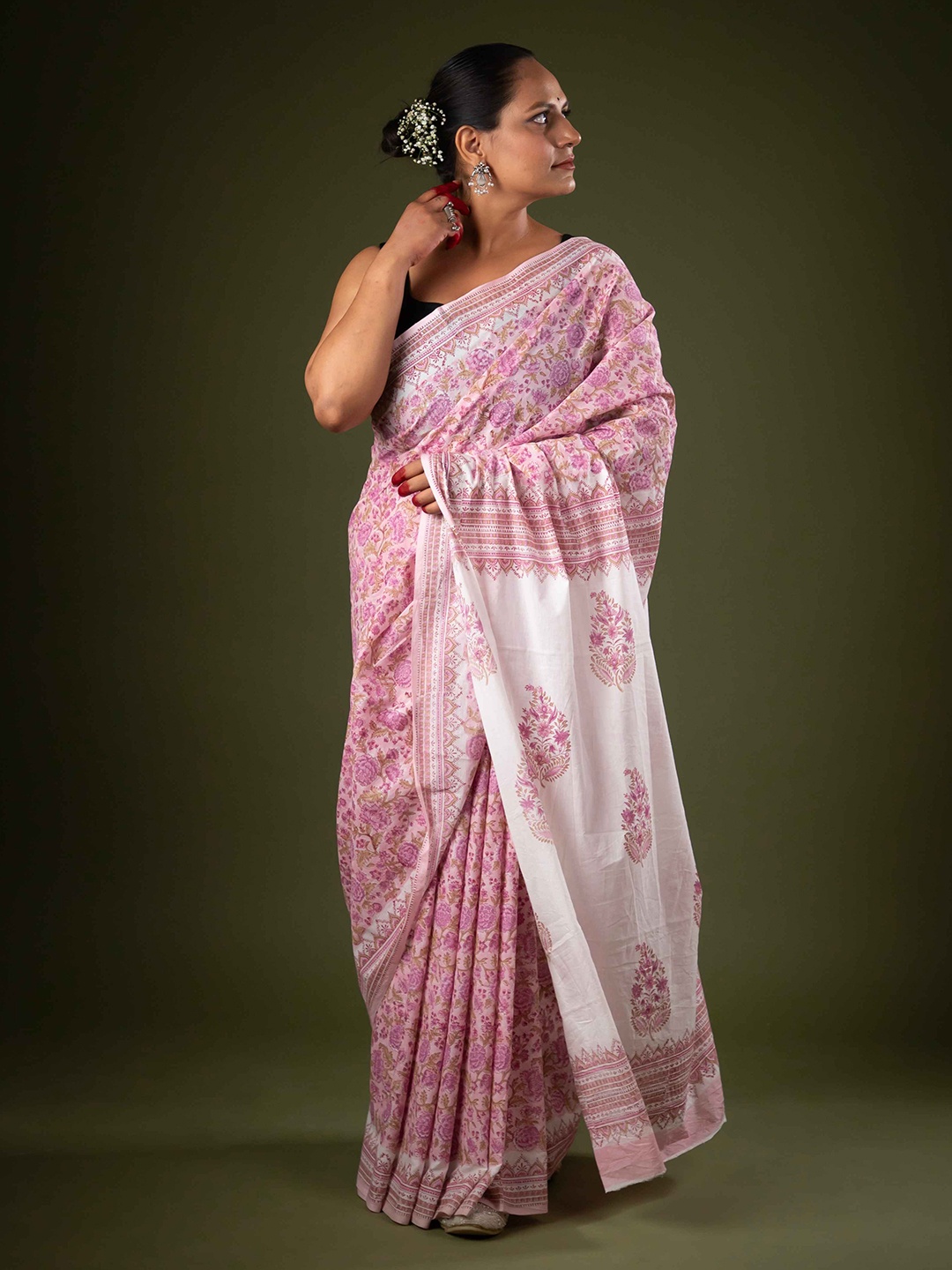 

De Loom Ethnic Motifs Pure Cotton Block Print Saree, Pink