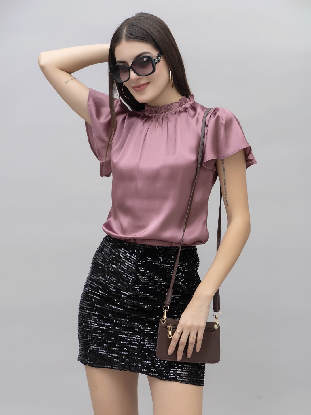 

PURYS High Neck Flutter Sleeve Satin Top, Purple