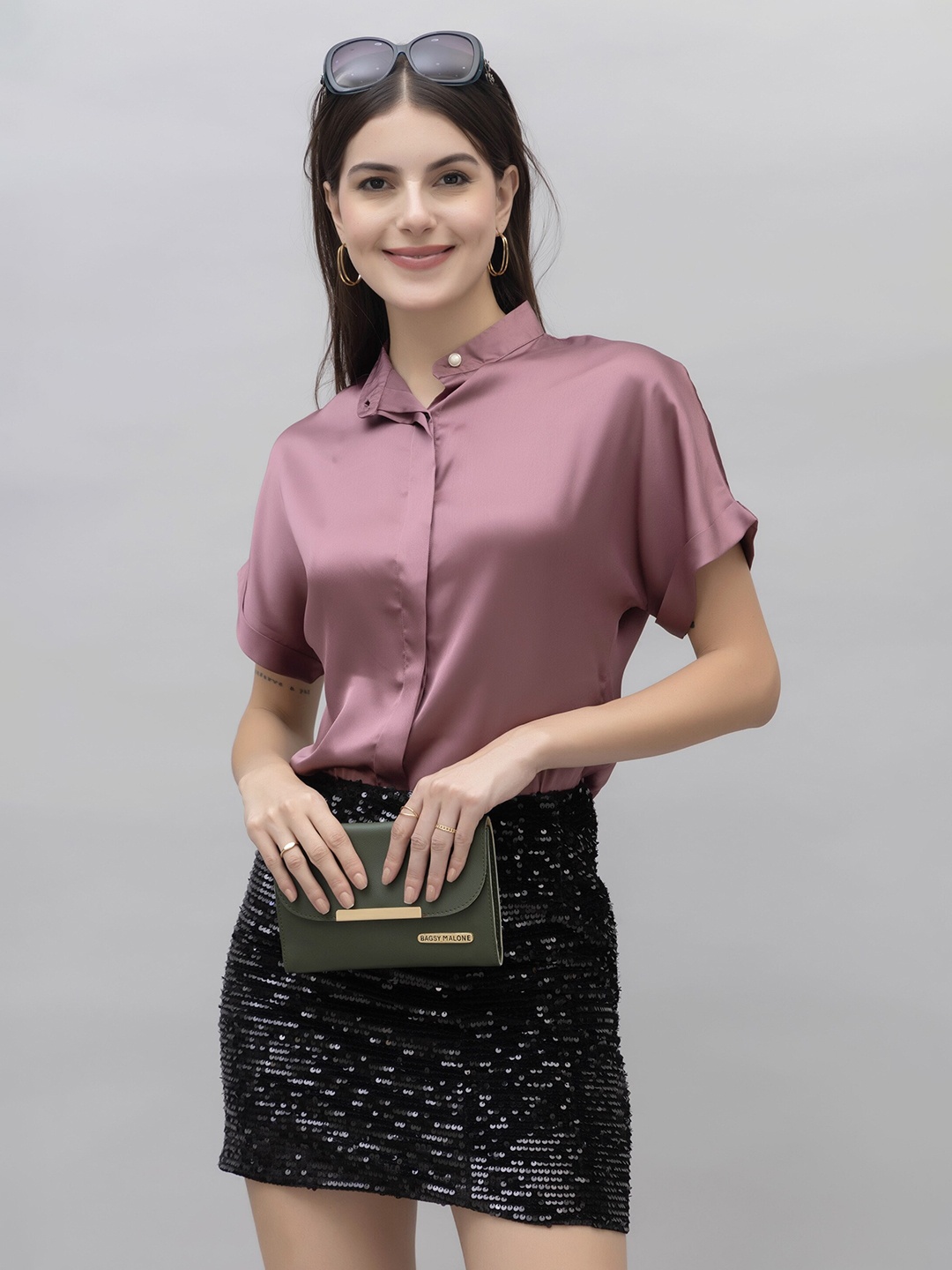 

PURYS Smart Band Collar Short Sleeves Satin Casual Shirt, Purple