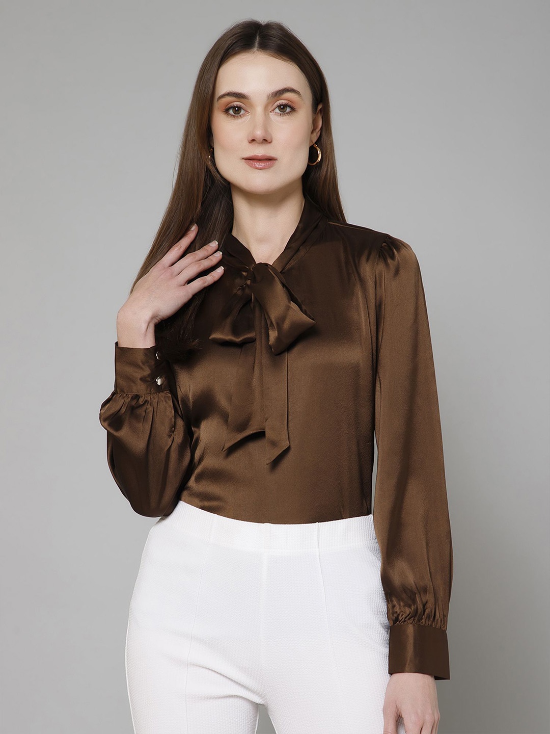 

PURYS Tie Up Neck Cuffed Sleeves Satin Top, Coffee brown