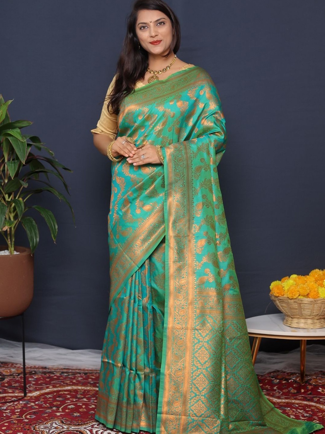 

SGF11 Woven Design Zari Art Silk Heavy Work Kanjeevaram Saree, Sea green