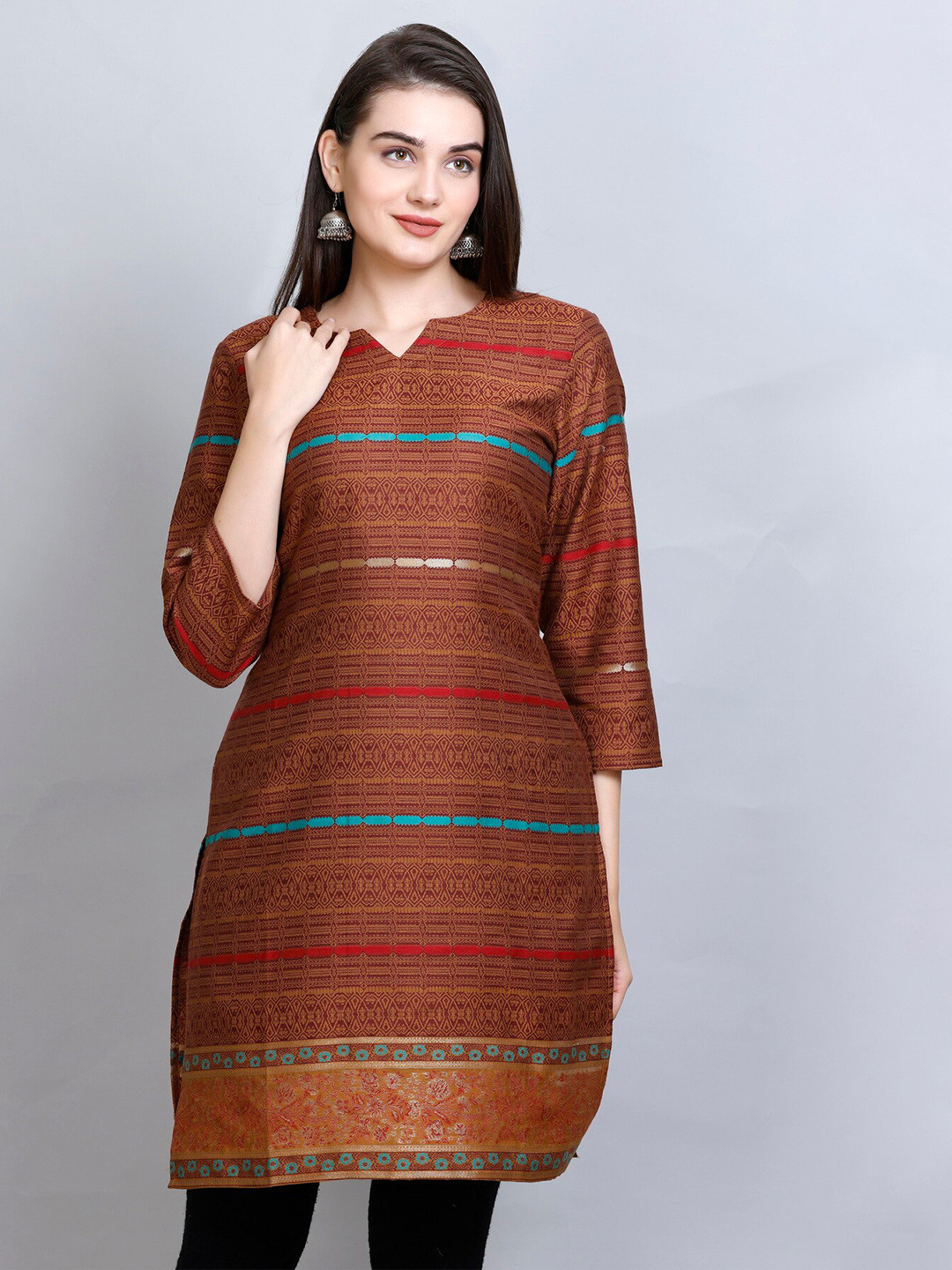 

KIDAR Striped Printed Cotton Silk Straight Kurta, Rust