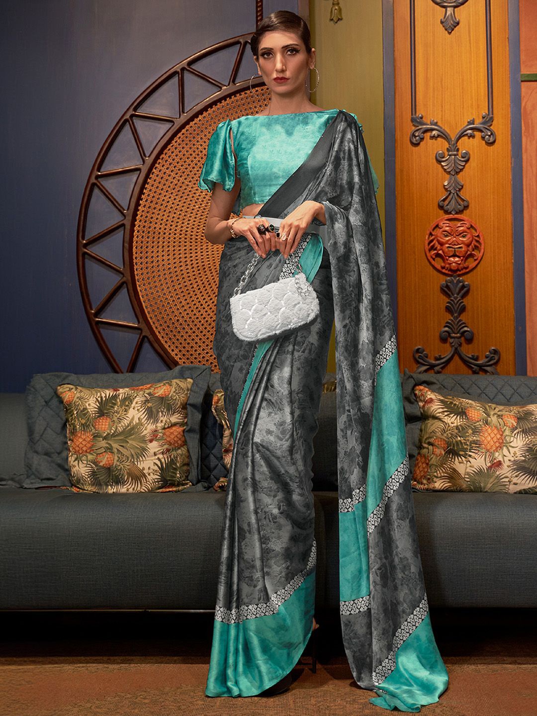 

Ishin Floral Satin Saree, Grey